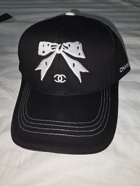 Chanel Black Baseball Cap with White Bow Embroidery